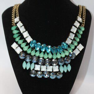 BR Banana Republic Bib Statement Chunky Rhinestone Aqua Teal White Blue Necklace